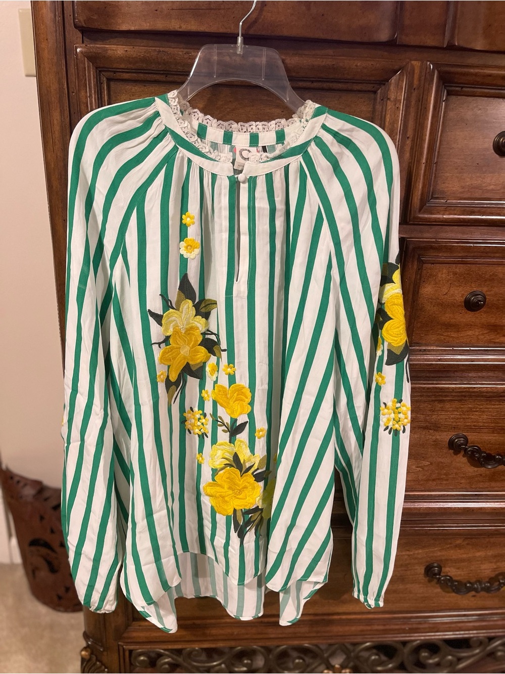 Green & White Striped Floral-Embroidered Women's Blouse